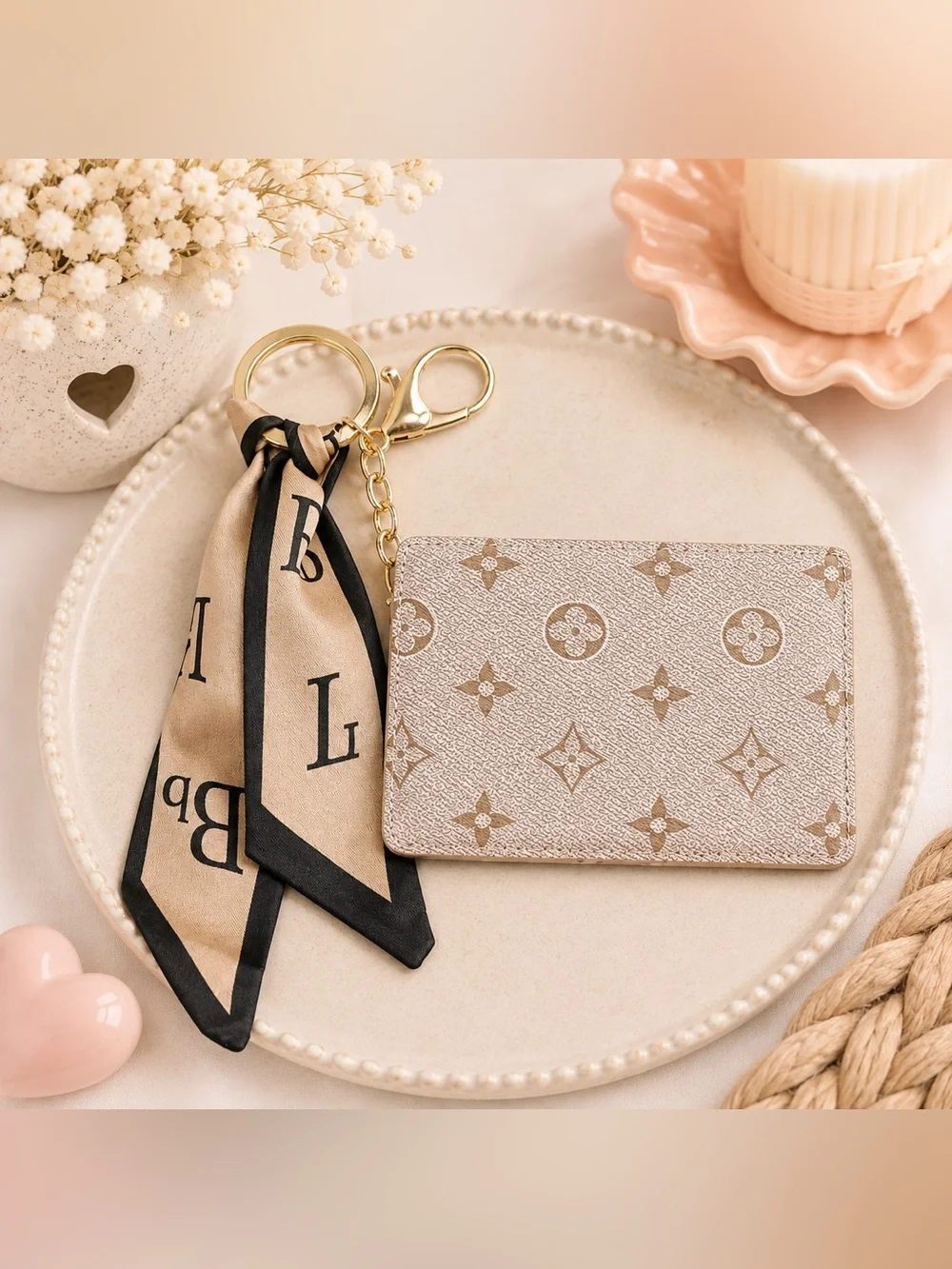 Monogram Compact Mirror Keychain with Scarf Charm